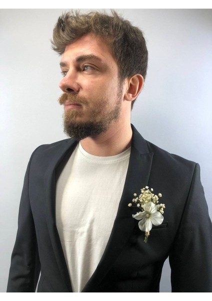 Beyaz Çiçekli Krem Cipsolu Damat Yaka Çiçeği