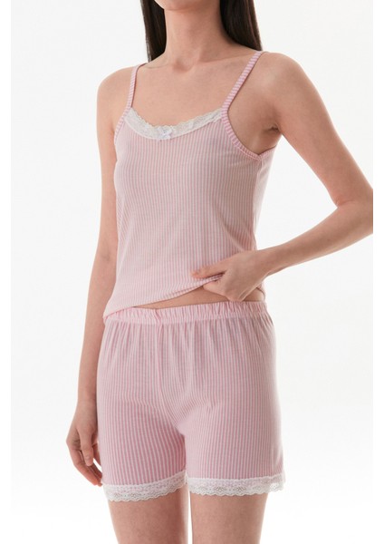 Ince Çizgili Dantelli Şortlu Pijama Takımı indirimleri
