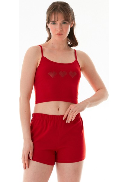 Kalp Baskılı Askılı Şortlu Takım