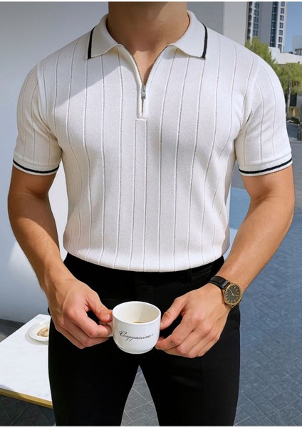 Erkek Fermuarlı Polo Yaka Örme Triko T-Shirt
