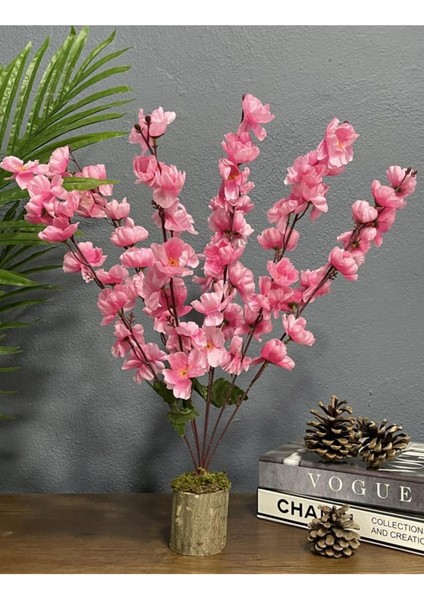 Yapay Çiçek Ahşap Kütük Saksılı Pembe Bahardalı Palmiye Ağacı Salon Bitkisi 50 cm