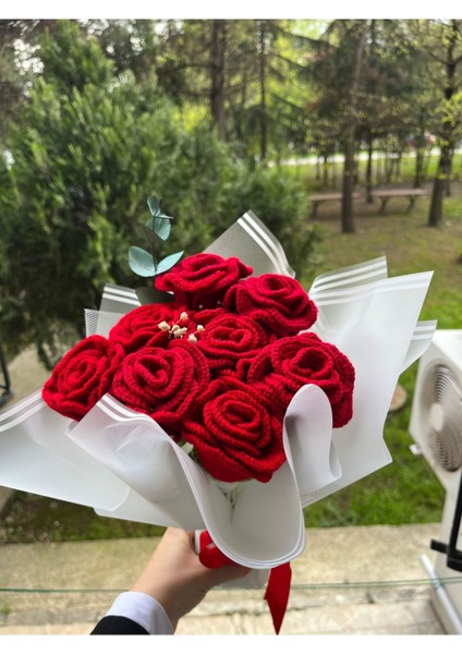 Örgü Kırmızı Gül Buketi,kırmızı Gül,el Yapımı Örgü Çiçek Buketi,anneye,sevgiliye,öğretmene Hediye