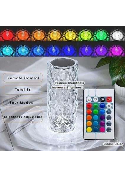 Kristal Elmas Masa Lambası 16 Renk USB Şarjlı Dokunmatik (5047)