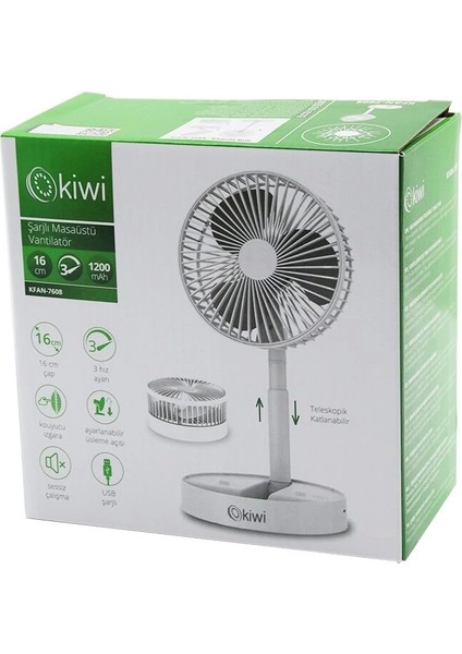 Kiwi KFAN-7608 Masa Üstü Vantilatör USB ŞARJLI16CM - 4.5WUZA-KISA- Açılı Akrobat Kollutelefonluklu3 Kademe Hız (4172)