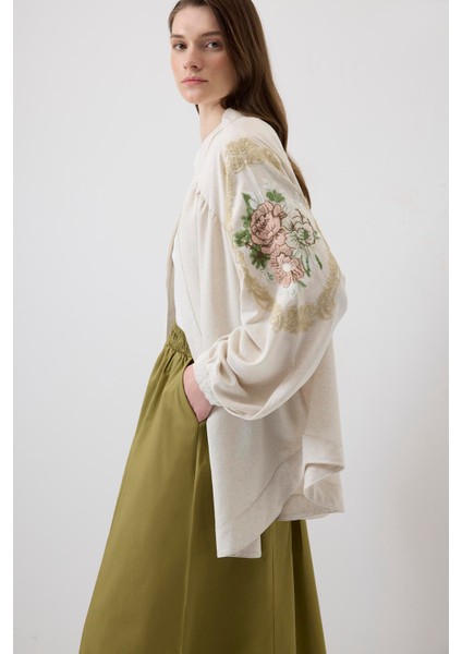 Keten Dokulu Nakışlı Kimono