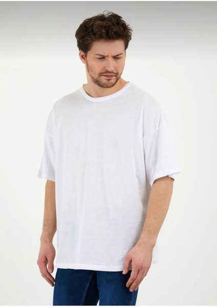Erkek Oversize Pamuklu Bisiklet Yaka Kısa Kollu T-Shirt
