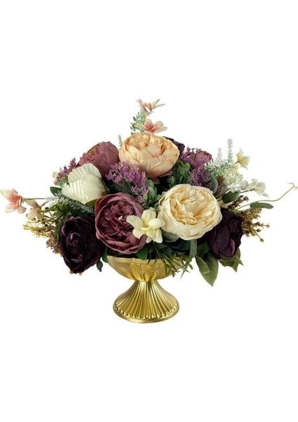 Yapay Çiçek Aranjmanı Desenli Metal Gold Vazolu Kahve Somon Pudra Tonlu Gülller Masa Üstü Çiçeği Ar