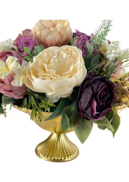 Yapay Çiçek Aranjmanı Desenli Metal Gold Vazolu Kahve Somon Pudra Tonlu Gülller Masa Üstü Çiçeği Ar fırsatları