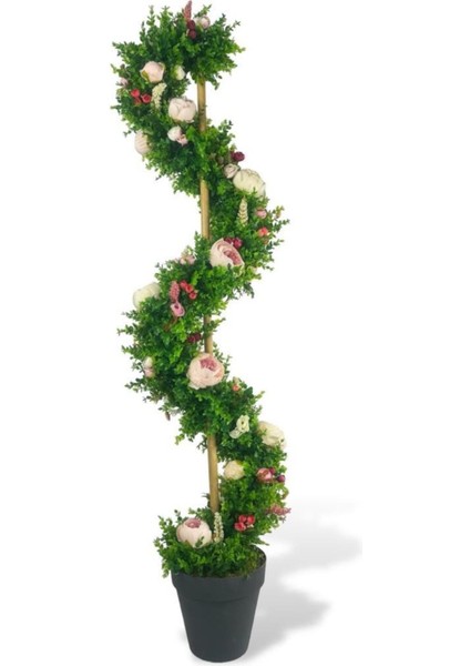 Yapay Ağaç Pembe Marsilya Şakayıklı Spiral Şimşir Ağacı 160 cm Bambu Saplı Salon Bitkisi