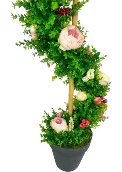 Yapay Ağaç Pembe Marsilya Şakayıklı Spiral Şimşir Ağacı 160 cm Bambu Saplı Salon Bitkisi