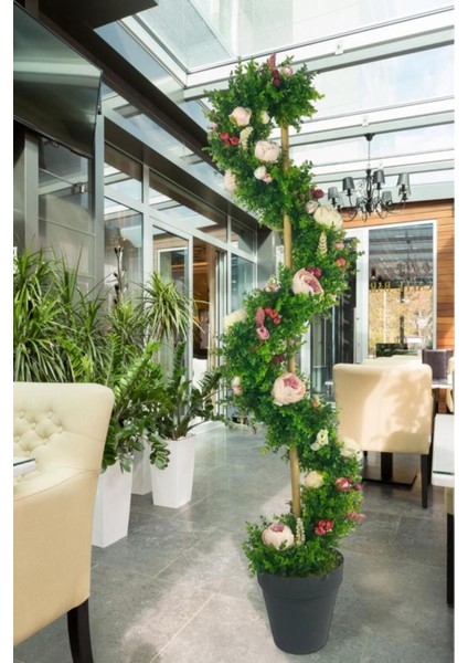 Yapay Ağaç Pembe Marsilya Şakayıklı Spiral Şimşir Ağacı 160 cm Bambu Saplı Salon Bitkisi