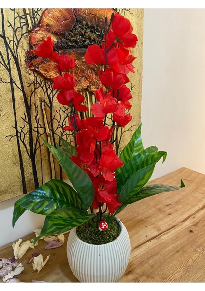 40 cm Saksılı Yapay Çiçek Dekoratif Masa Balkon Çiçeği Doğal Taş Yosunlu Masa Üstü Dekorasyon 40 cm