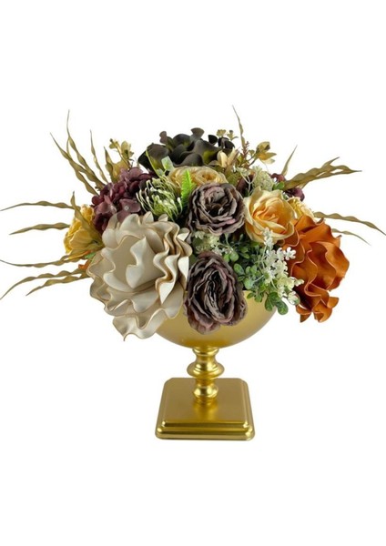 Yapay Çiçek ve Latex Aranjmanı Kare Ayaklı Yuvarlak Metal Gold Vazolu Masa Üstü Çiçeği Arajman 6040