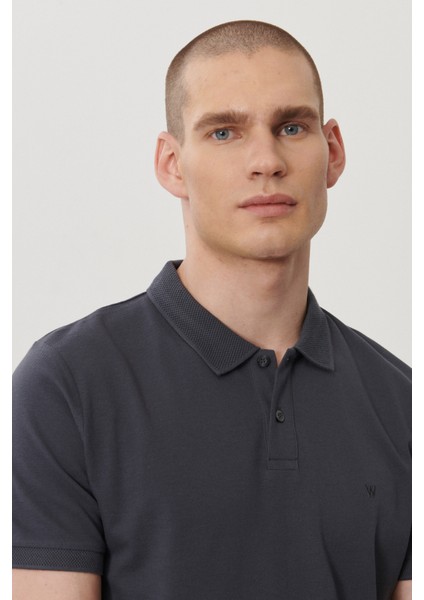 %100 Pamuk Regular Fit Normal Kesim Antrasit Polo Yaka Tişört