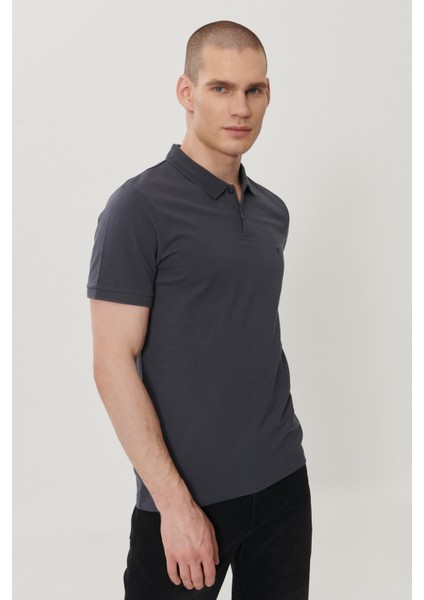 %100 Pamuk Regular Fit Normal Kesim Antrasit Polo Yaka Tişört
