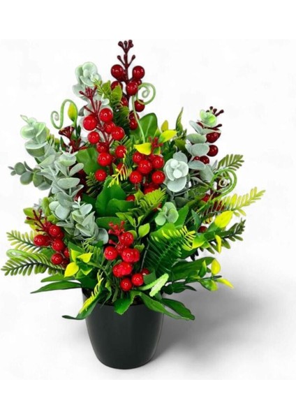 Yapay Çiçek Yılbaşı Çiçeği Kırmızı Kokina ve Pastel Şimşir Siyah Saksıda