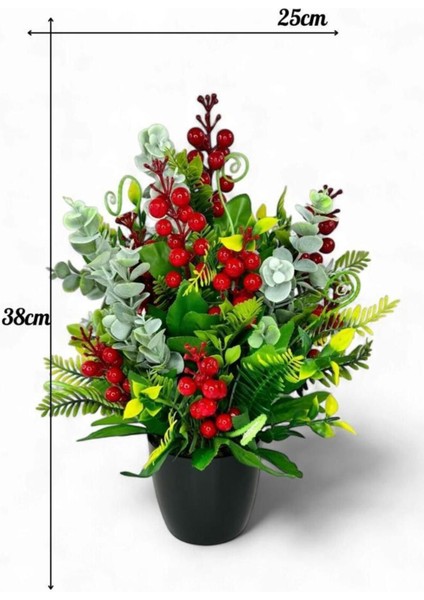 Yapay Çiçek Yılbaşı Çiçeği Kırmızı Kokina ve Pastel Şimşir Siyah Saksıda fiyatları