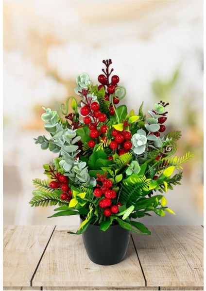 Yapay Çiçek Yılbaşı Çiçeği Kırmızı Kokina ve Pastel Şimşir Siyah Saksıda modelleri
