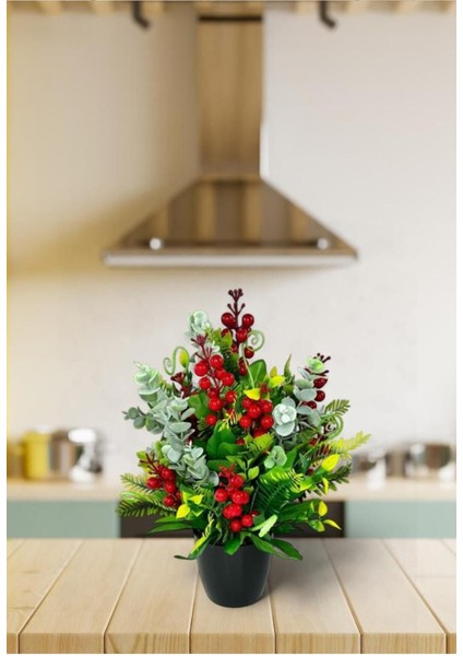 Yapay Çiçek Yılbaşı Çiçeği Kırmızı Kokina ve Pastel Şimşir Siyah Saksıda fırsatları