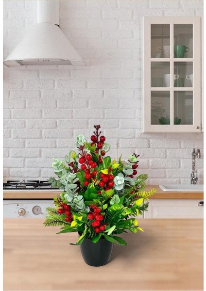 Yapay Çiçek Yılbaşı Çiçeği Kırmızı Kokina ve Pastel Şimşir Siyah Saksıda indirimleri