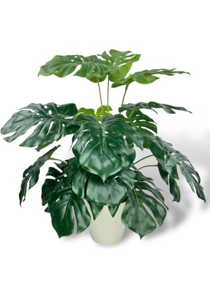 Yapay Çiçek Krem Saksıda Monstera Deve Tabanı Yeşil Doğal Dokulu 18DAL 50 cm Salon Çiçeği Yapay Bitk