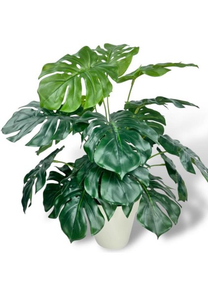 Yapay Çiçek Krem Saksıda Monstera Deve Tabanı Yeşil Doğal Dokulu 18DAL 50 cm Salon Çiçeği Yapay Bitk