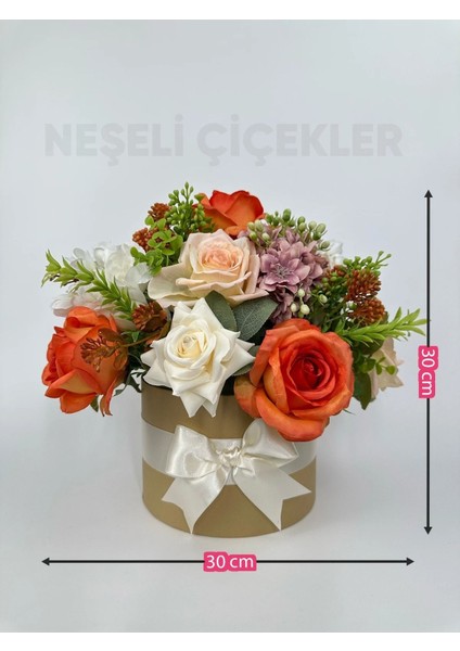 Silindir Kutuda Yapay Çiçek Aranjmanı Turuncu & Krem Güller Dekoratif Hediye Çiçek 30 x 30 cm indirimleri