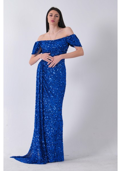 Saks Kadın Omzu Açık Payetli Yırtmaçlı Uzun Abiye Elbise 9705544.26