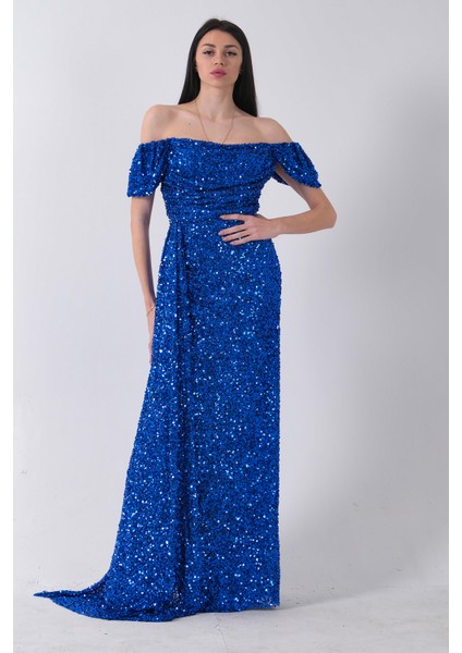Saks Kadın Omzu Açık Payetli Yırtmaçlı Uzun Abiye Elbise 9705544.26