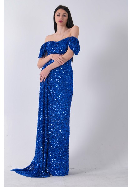 Saks Kadın Omzu Açık Payetli Yırtmaçlı Uzun Abiye Elbise 9705544.26