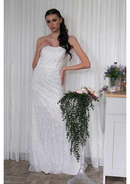 Beyaz Taş Işlemeli Uzun Balık Abiye 0801056.15