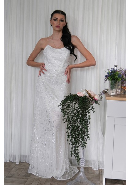 Beyaz Taş Işlemeli Uzun Balık Abiye 0801056.15 modelleri