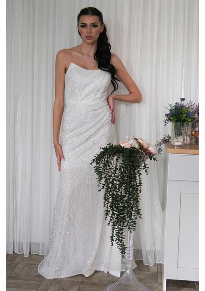 Beyaz Taş Işlemeli Uzun Balık Abiye 0801056.15 fırsatları