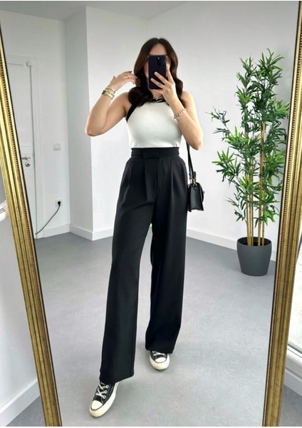 Yüksek Bel Cırtcırtlı Palazzo Pantolon