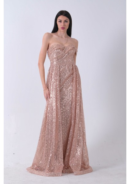 Gold Düşük Omuz Pul Payetli Abiye 9705499.122