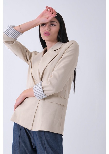 Bej Kol Katlama Aksesuarlı Çizgili Ceket 41670043.55