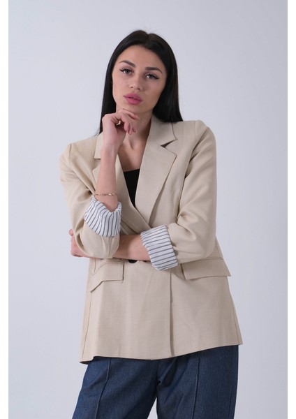 Bej Kol Katlama Aksesuarlı Çizgili Ceket 41670043.55 modelleri