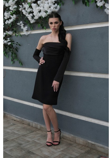 Siyah Drape Düğme Detaylı Midi Boy Abiye 0801168.01 modelleri