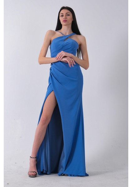 Indigo Kadın Kruvaze Yaka Yırtmaç Detaylı Uzun Abiye Elbise 1105273.98