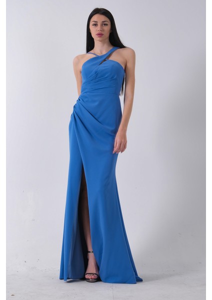 Indigo Kadın Kruvaze Yaka Yırtmaç Detaylı Uzun Abiye Elbise 1105273.98 fiyatları