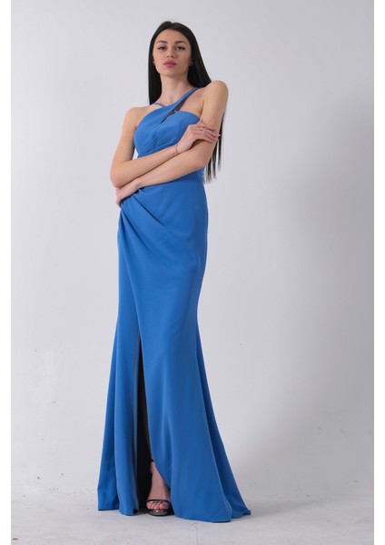 Indigo Kadın Kruvaze Yaka Yırtmaç Detaylı Uzun Abiye Elbise 1105273.98 fırsatları