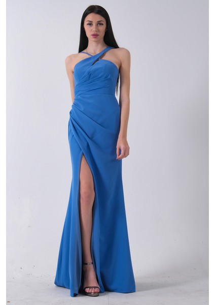 Indigo Kadın Kruvaze Yaka Yırtmaç Detaylı Uzun Abiye Elbise 1105273.98 indirimleri