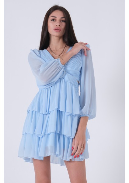 Bebe Mavi Fırfırlı Dekolteli Mini Şifon Abiye Elbise 9705278.449