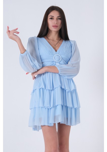 Bebe Mavi Fırfırlı Dekolteli Mini Şifon Abiye Elbise 9705278.449