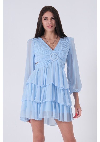Bebe Mavi Fırfırlı Dekolteli Mini Şifon Abiye Elbise 9705278.449