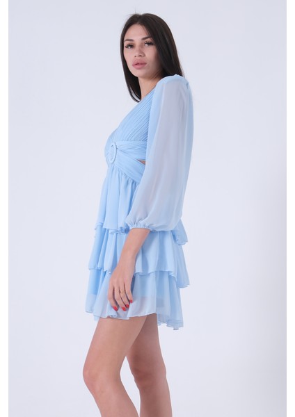 Bebe Mavi Fırfırlı Dekolteli Mini Şifon Abiye Elbise 9705278.449