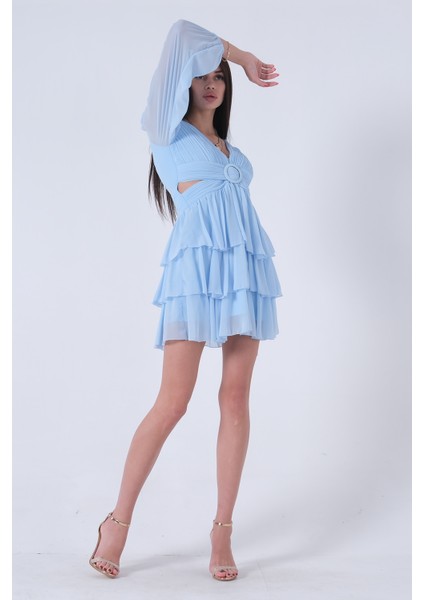 Bebe Mavi Fırfırlı Dekolteli Mini Şifon Abiye Elbise 9705278.449