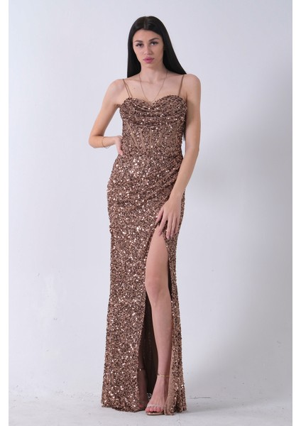 Bakır Drapeli Parlak Pul Payetli Askılı Abiye 9705539.231