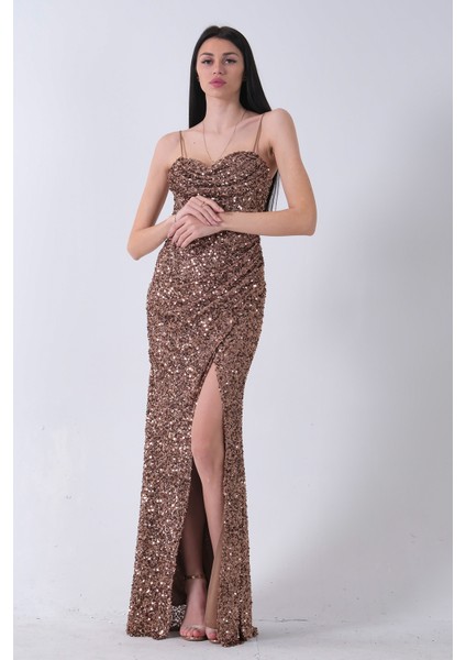 Bakır Drapeli Parlak Pul Payetli Askılı Abiye 9705539.231 modelleri