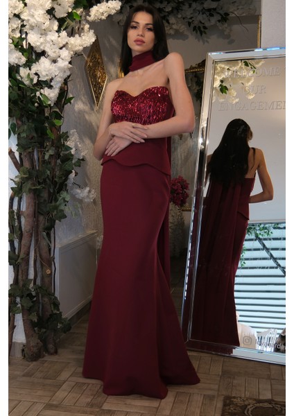 Bordo Kalp Yaka Göğüs Pul Detaylı Şık Abiye 9705507.04